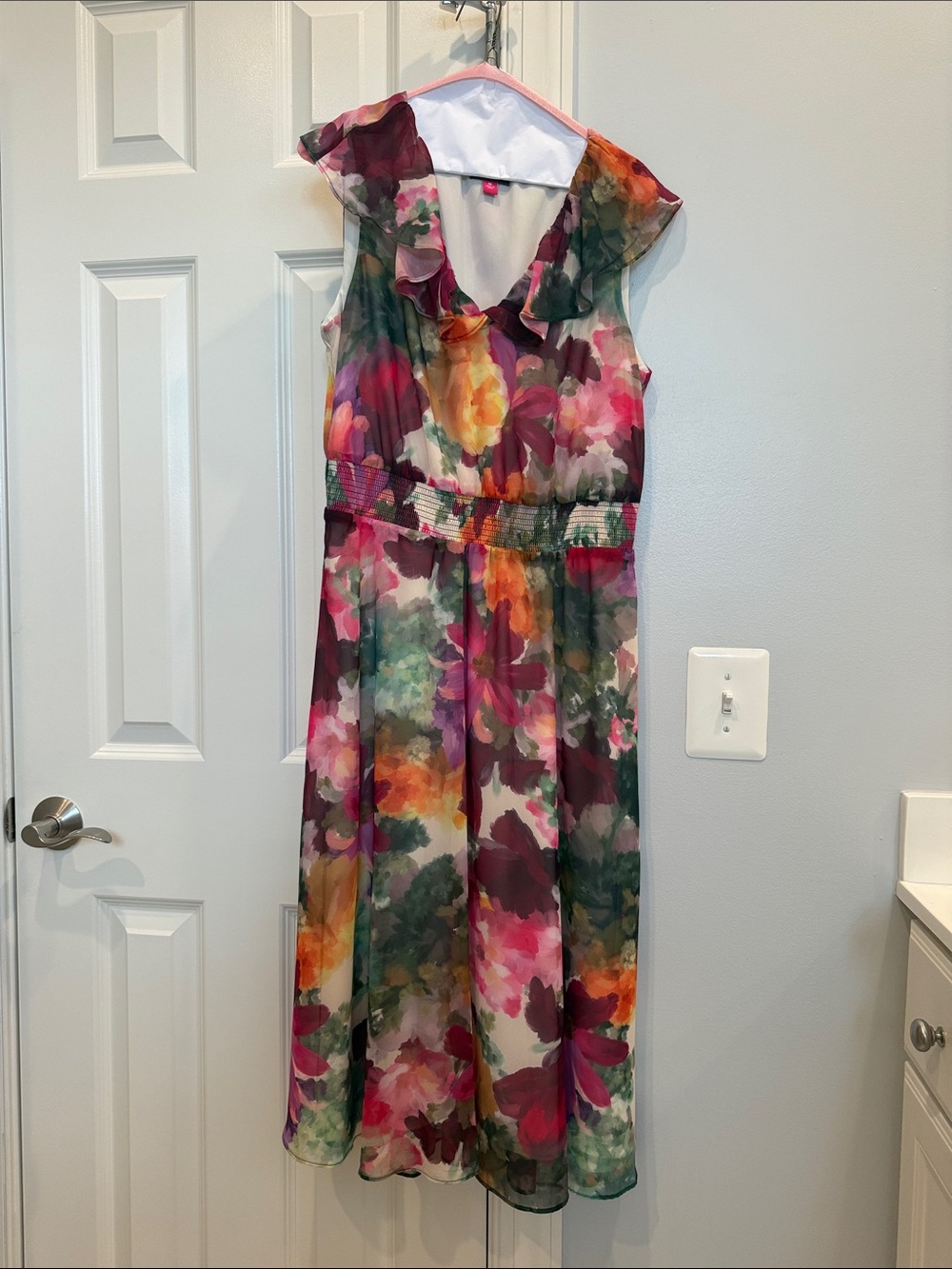 Vince Camuto Multicolor Floral Ruffle-Trim Chiffon Dress